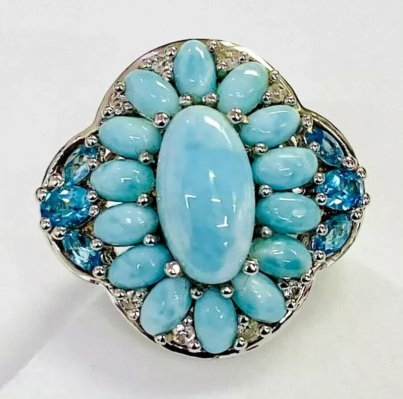 HSN Colleen Lopez Sterling Silver Larimar, Swiss Topaz & White Topaz Ring Size 8