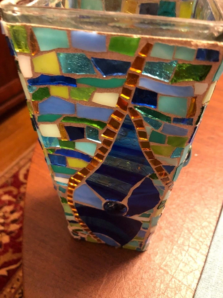 Handmade Art Stained Glass Mosaic Tile Vase Candle Holder 9" Tall - Image 3 of 3