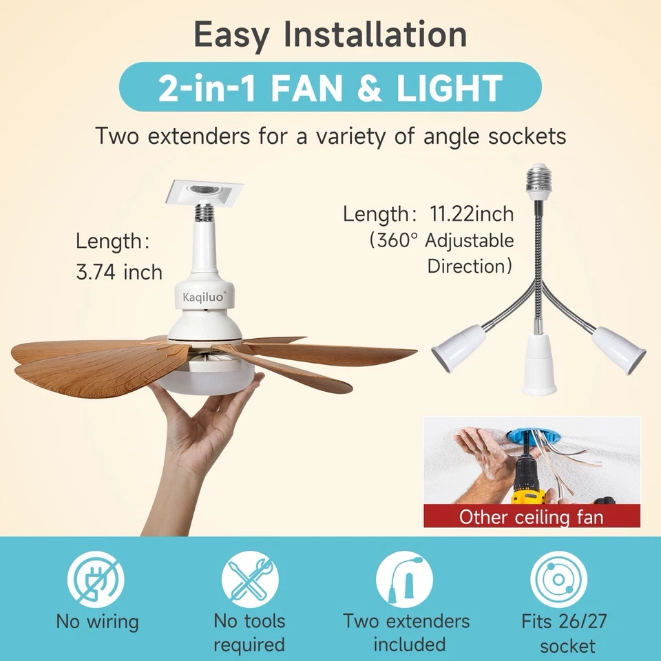 Soquete ventilador luz com controle remoto, 20,5’’ parafuso no ventilador de teto ventilador lâmpada ventilador (marrom) - Imagem 2 de 4