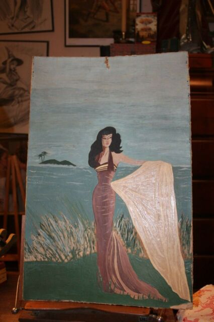 Vintage Mid Century Oil Painting Woman on Beach Pacific Islands 22" x 14-1/2