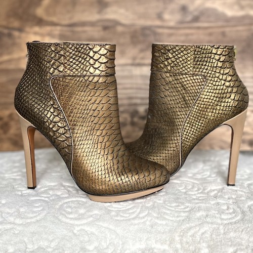 Badgley Mischka Fido Snake Print Embossed High Heels Booties 8M Bronze Zip Boots