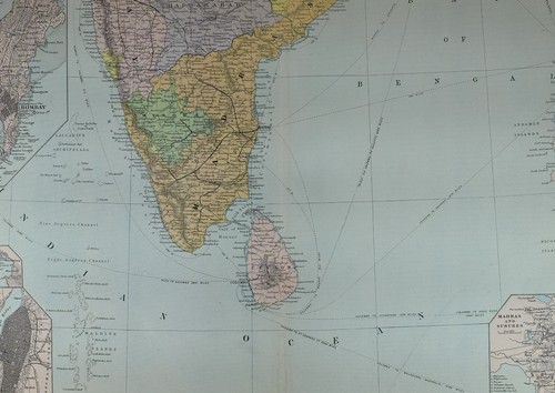 1891 ANTIQUE MAP INDIA SOUTH ~ CEYLON MADRAS CALCUTTA CITY PLAN HAIDARABAD