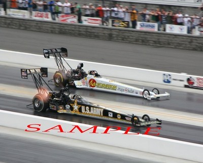 TONY SCHUMACHER & CLAY MILLICAN RACING DOWN TRACK 8X10 GLOSSY PHOTO #5E