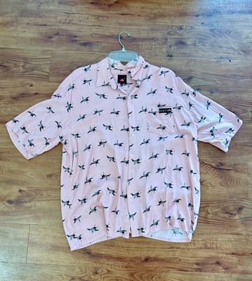   Rusty Men s Button-Up Shirt 2XL Pink Crane Print Camp Collar Beach Vibe
