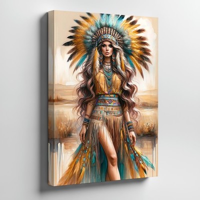 Native American Woman Wearing Feather Headdress And Traditional Dress Wall Art