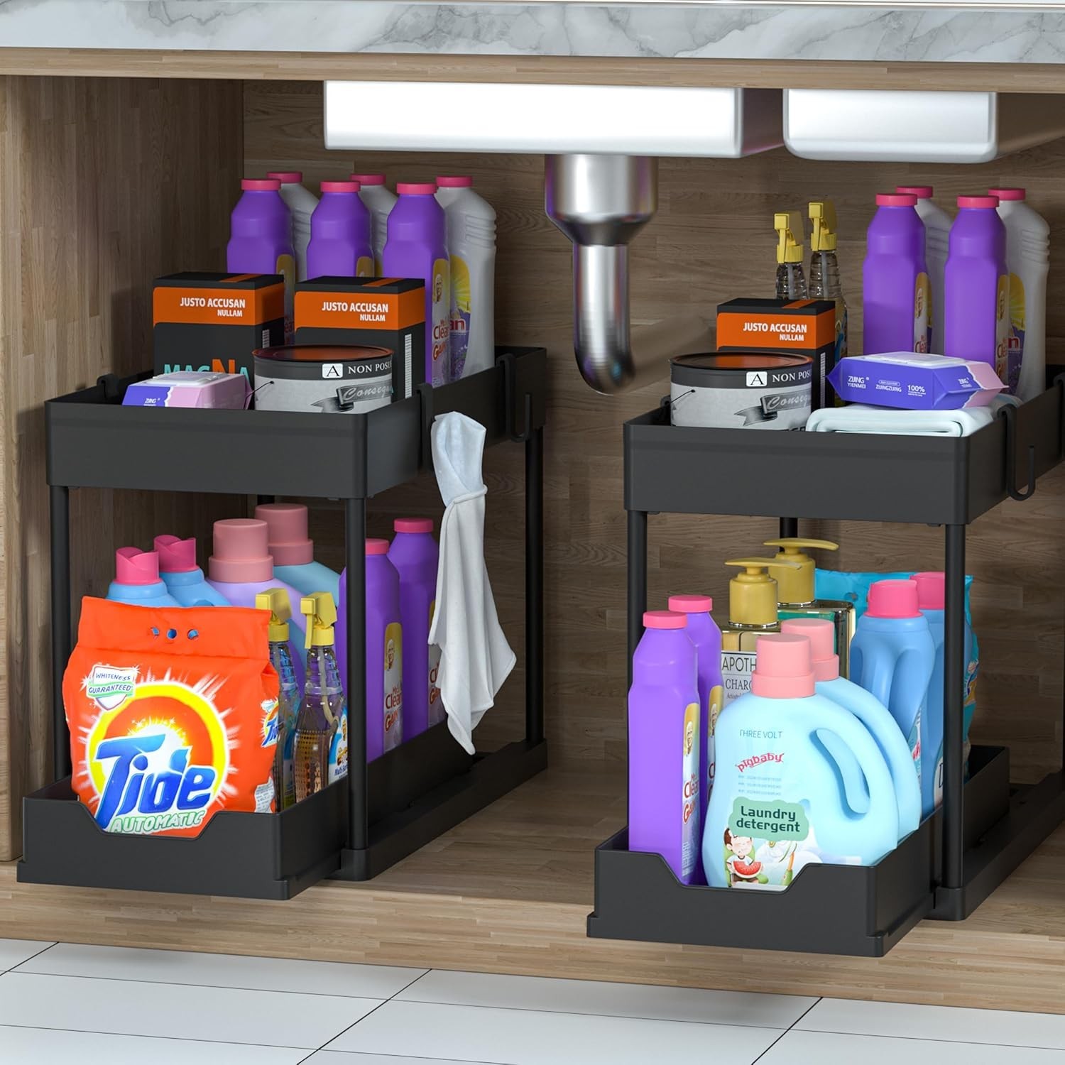 Under Sink Organizer 2 Pack, Bathroom Cabinet Organizer 2 Tier Sliding Black