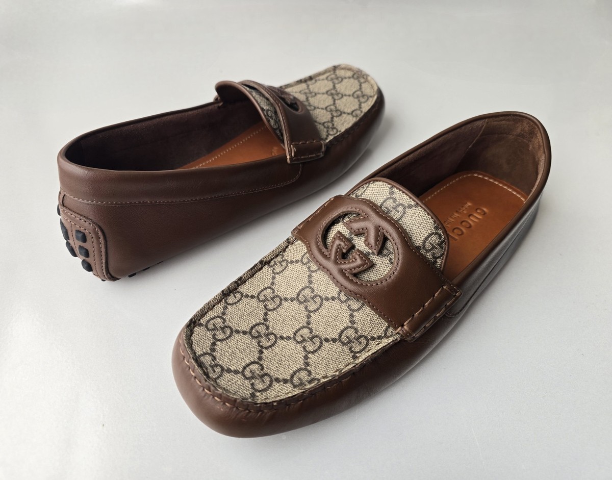 Gucci Men's US 8 UK 7 Brown Calf Leather GG Supreme Logo Driving