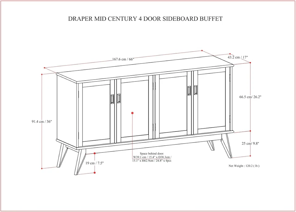 Draper Buffet - 66 polegadas de largura madeira maciça 4 portas aparador buffet em teca sobrancelha - Imagem 3 de 4