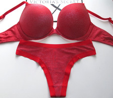 VICTORIA'S SECRET PINK Super Push-Up Bra and Panty Set VS Red Lurex Shine NWT