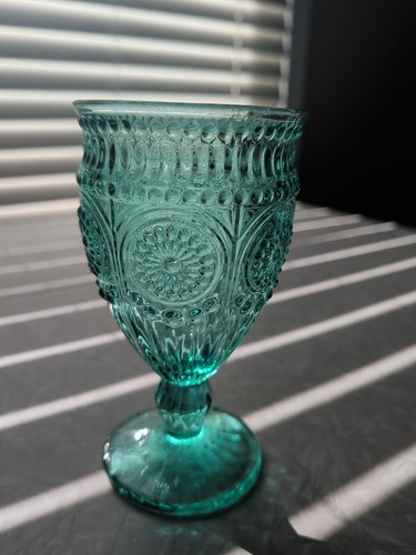 Pioneer Donna Adeline Calice Acqua Vetro Teal Stelo Goffrato Alto 6,5" - Foto 1 di 2