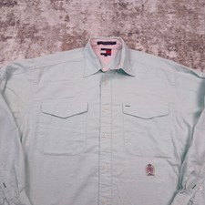 Vintage Tommy Hilfiger Mens Medium Green Crest Button Up Shirt 90s Long Sleeve