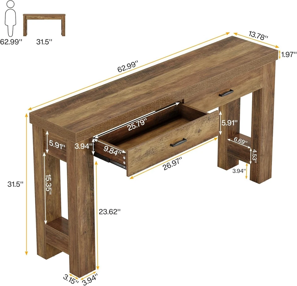 63-дюймовый консольный столик с 2 ящиками, фермерский домик прихожая диван-стол для гостиной - Изображение 3 из 4