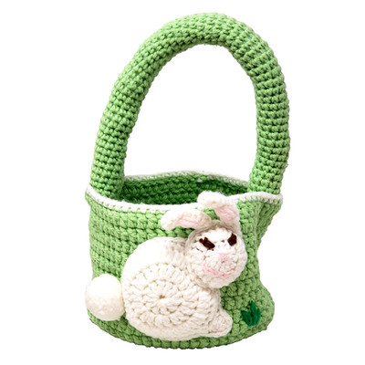 Hand Crocheted Easter Basket w/ White Bunny Lime Green Grandmacore