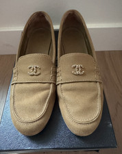 Mocassini mocassino AUTENTICI CHANEL in tela marrone catena CC EU 41 US 9,5