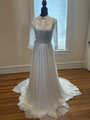 Pronovias Mimosa A-Line Boho  Wedding Dress 3/4 Sleeve White Size 12