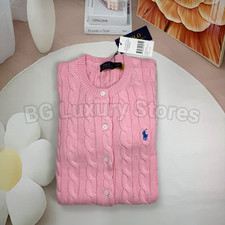 POLO RALPH LAUREN Women  s S Pink Cable Knit Cardigan Sweater Blue Pony Logo