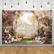 Easter Backdrop Garden Colorful Eggs Photo Background Floral Party Banner Props