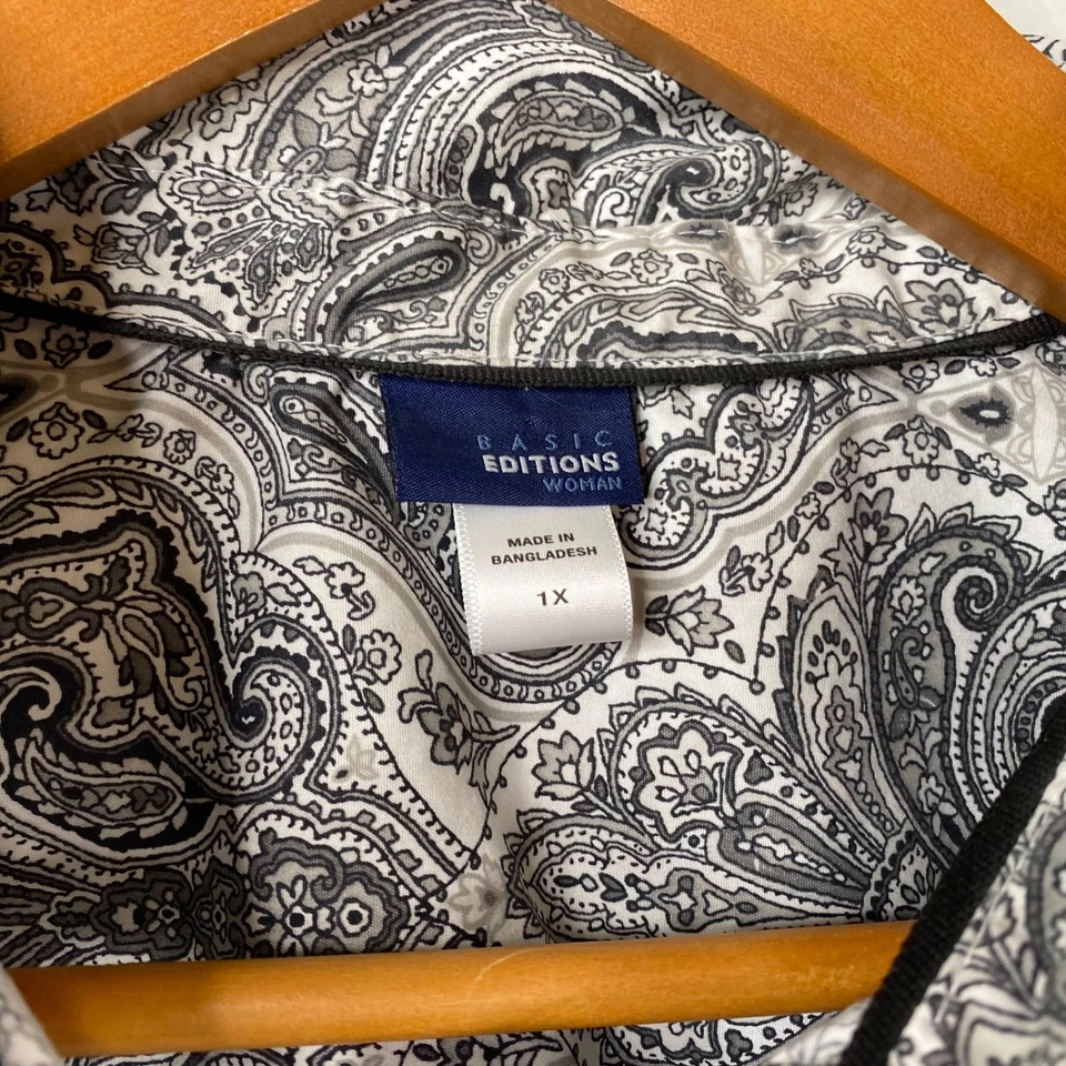 Basic Editions Womens Button Up 3/4 Sleeves Paisley Career Top Black White Sz 1X - Image 3 of 4