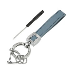 Leather Wristlet Keychain, Car Key Chain Holder with Silver Key Ring, Blue