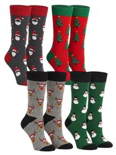 Men's Christmas Socks Santa Claus Trees Snowmen Reindeer Size 10-13 4-Pair Set 