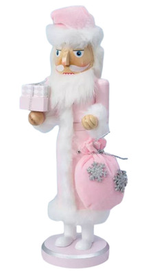 Wooden Christmas Nutcracker,14'',PASTEL PINK & WHITE SANTA WITH PINK BAG &GIFT,HL