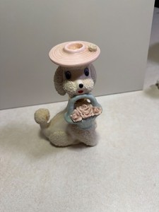 VTG 50s Napco Sugar Textured Ceramic Poodle Dog Pink Hat Basket Flowers Figurine
