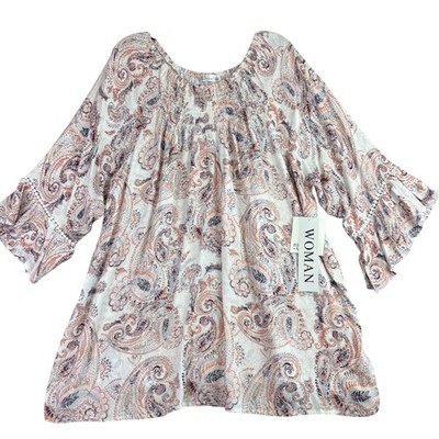 89th + Madison Womens 2X Paisley Blouse Smocked Neck Bell Sleeve Cottage NEW