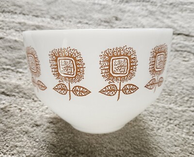Fire king Oven Proof Milk White Glass Bowl Art Deco Brown Flowers Thick Mold