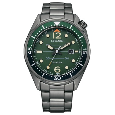 Citizen Men's Eco-Drive Gray Stainless Steel Green Date Watch 43