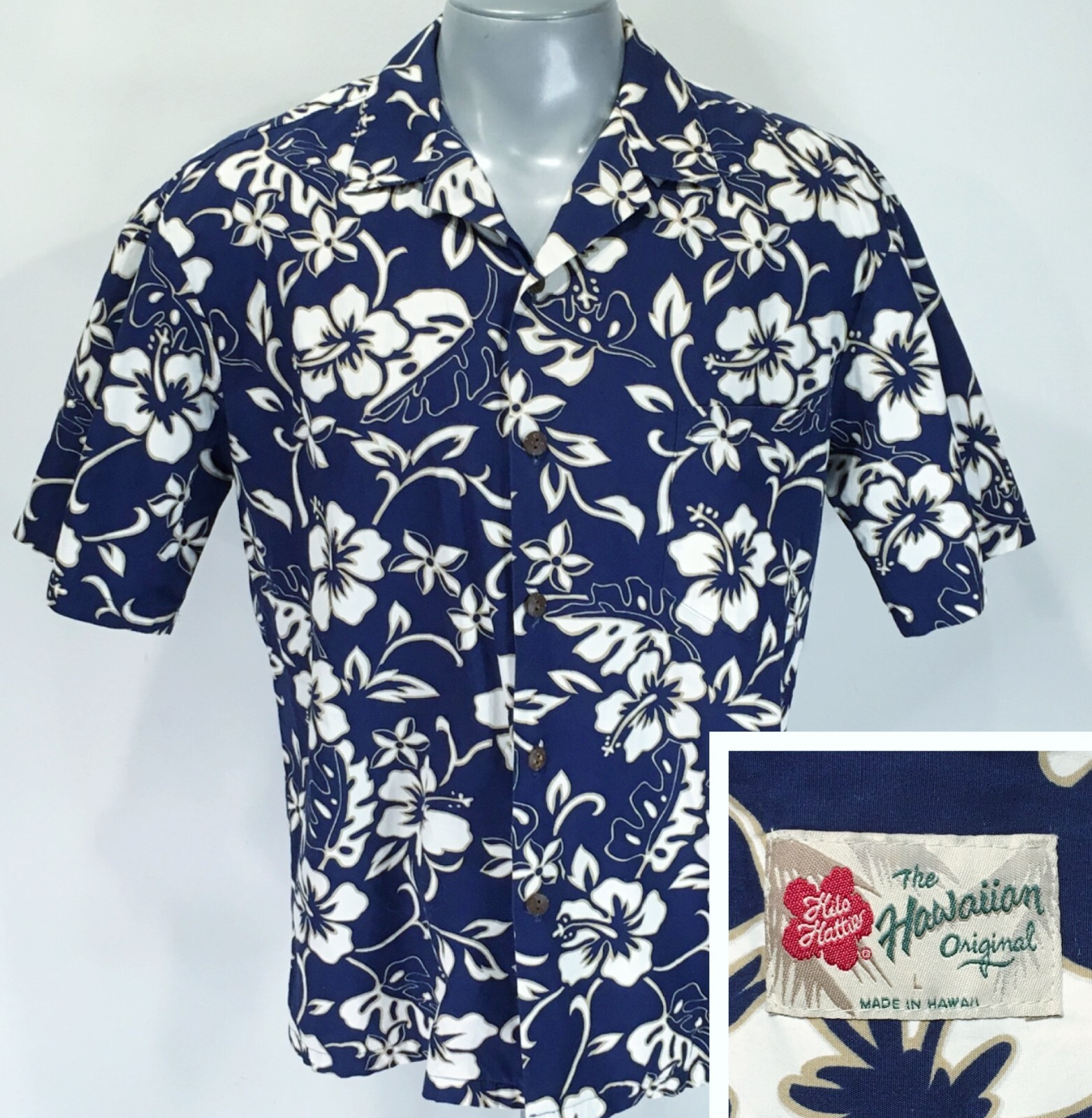 Hilo Hattie Hawaiian Mens L Large Cotton Shirt Blue White Floral Short Sleeve