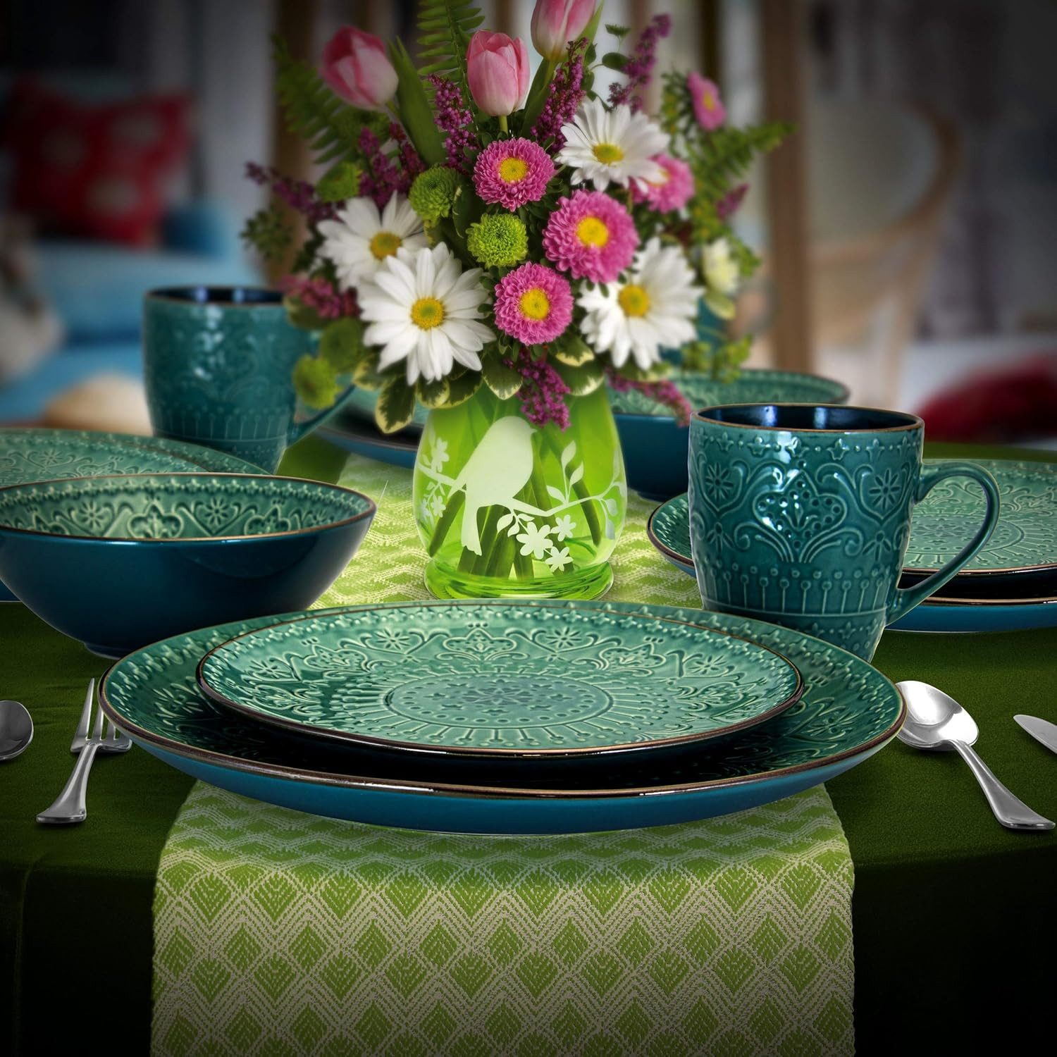 Ocean Teal & Green 16-Piece Embossed Stoneware Dinnerware Set