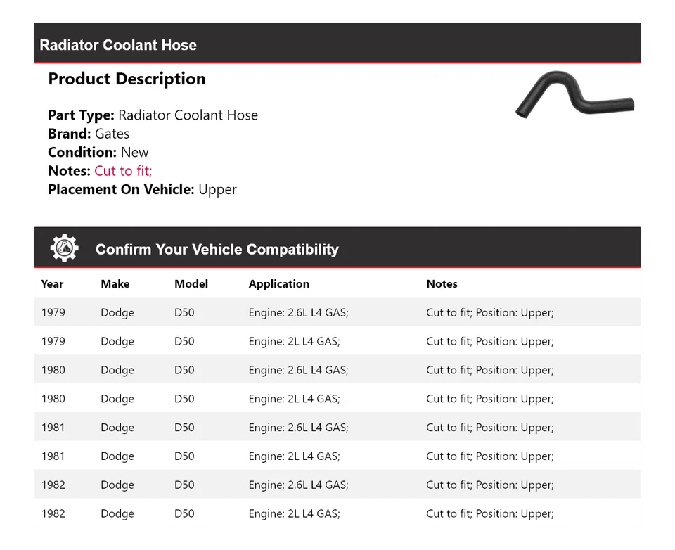 For 1979-1982 Dodge D50 Radiator Coolant Hose Upper Gates 1980 1981 - Image 2 of 4