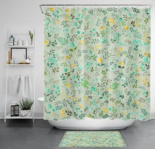 Sage Green Botanical Leaf Yellow Floral Shower Curtain Set for Bathroom Decor