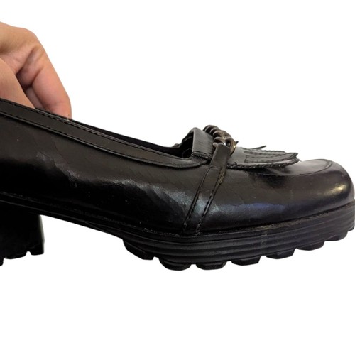 Vintage 1990s Y2K Unionbay Black Fringed Vegan Leather Chunky Loafers Shoes 9.5 - Picture 5 of 9