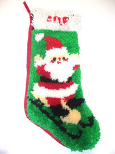 24" Latch Hook Rug Santa Claus Christmas Stocking Holiday Handmade Completed Vtg