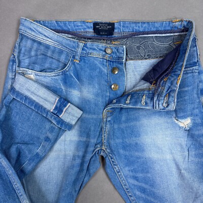 Bershka Jeans Womens 34x30 Blue Selvedge Slim Fit Denim Pants Button Fly Washout