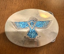 VTG STERLING /Indian Silver West BELT BUCKLE W/ INLAID TURQUOISE EAGLE SIGNED W