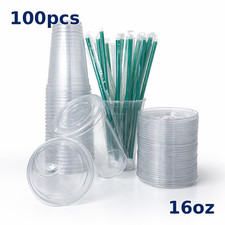 Clear Plastic Disposable Cups with Lid  Straw  16oz/95mm/Bulk 100pcs