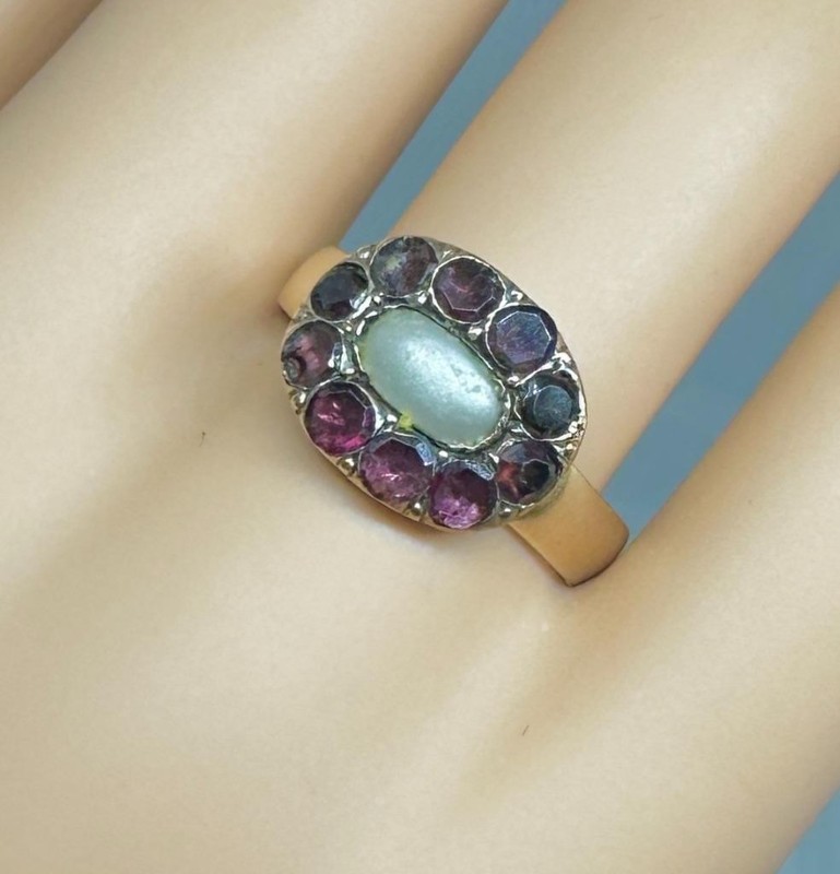 Georgian Pearl Bohemian Garnet Halo Ring Gold Victorian Wedding Engagement Ring