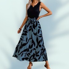 SHEIN Ruffle Hem Tie Waist Sleeveless Maxi Dress Women’s L (8/10) Blue/Black