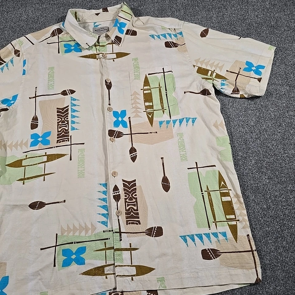 Quiksilver Waterman Shirt Mens Large Surf Camp Beach Tiki Mask Boat Paddle - Image 3 of 4