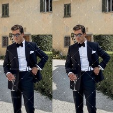 Men Black Double Breasted Tuxedo 2Pcs Suit Peak Lapel Wedding Groom Formal Event