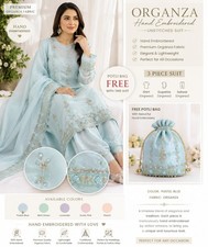 Custom Size Pastel Blue Organza Salwar Suit Set Hand Embroidered With Free Potli