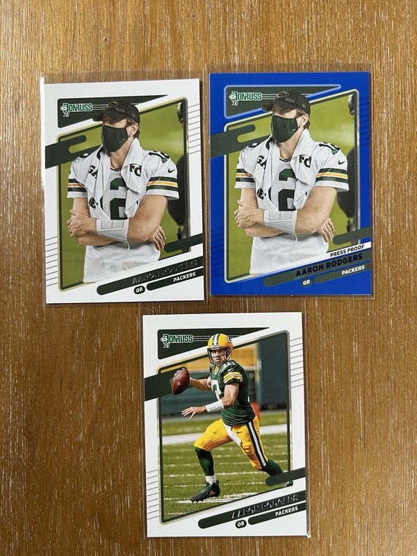 2021 Donruss #155 AARON RODGERS Base+Variation+ Blue PressProof. GB Packers (x3)
