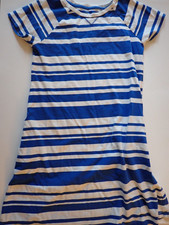 Girls Lands End Size M 10/12 Dress White Blue Striped Short Sleeve Casual A-Line