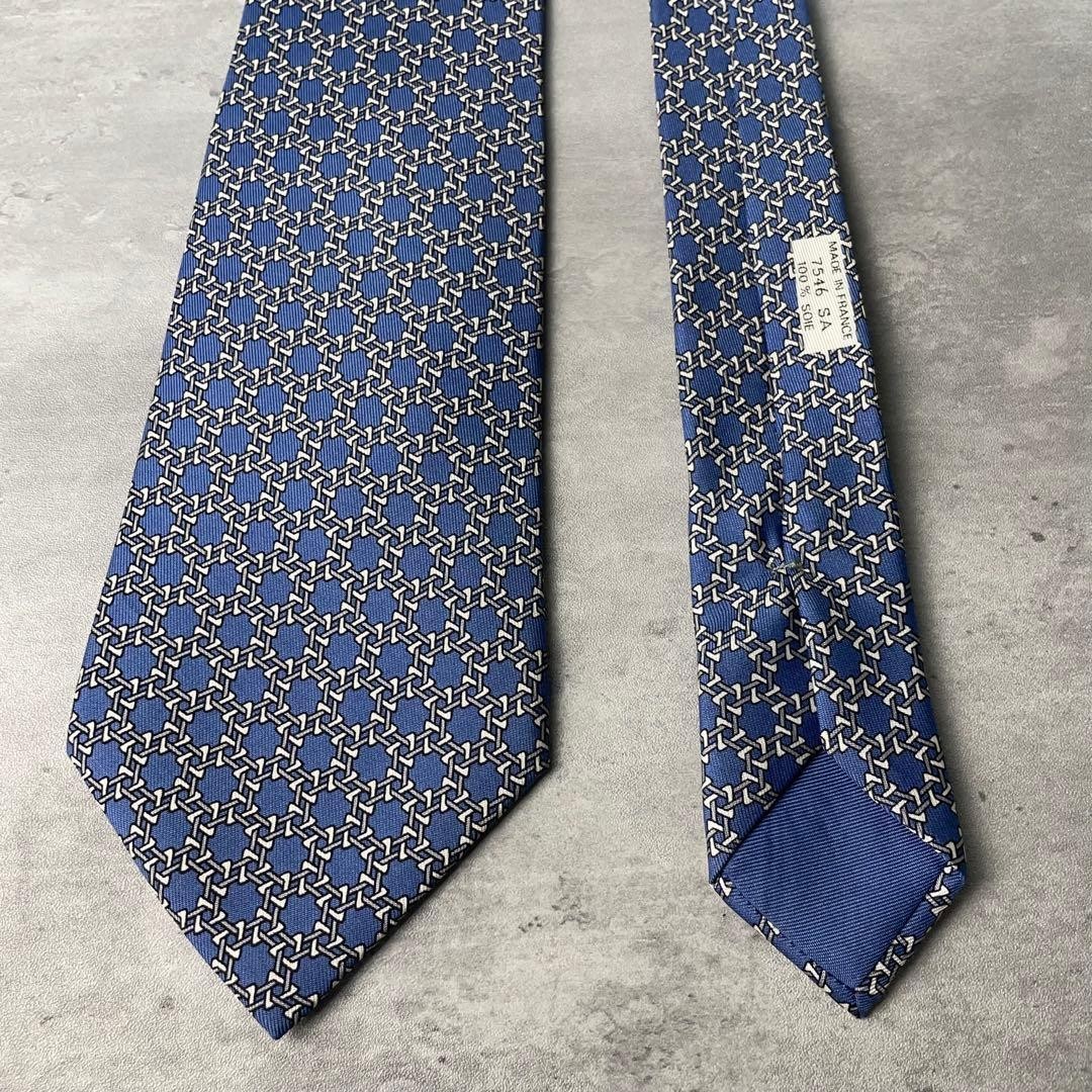 Hermes Hexagonal Dot Pattern Chain Tie Blue Silk … - image 2
