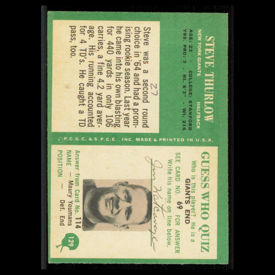 Steve Thurlow #129 1966 Philadelphia New York Giants Football Card NFL EX - Image 2 of 3
