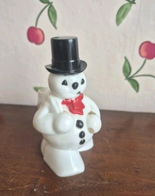 Vintage Rosbro Hard Plastic Snowman with Hat Holding Sack Candy Container 1950s 