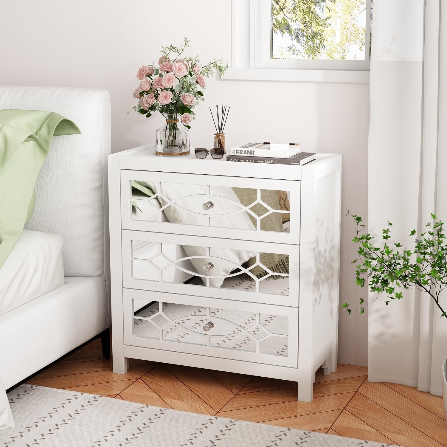 Modern Wooden Dresser with 3 Mirrored Drawers - Bedside Storage Chest