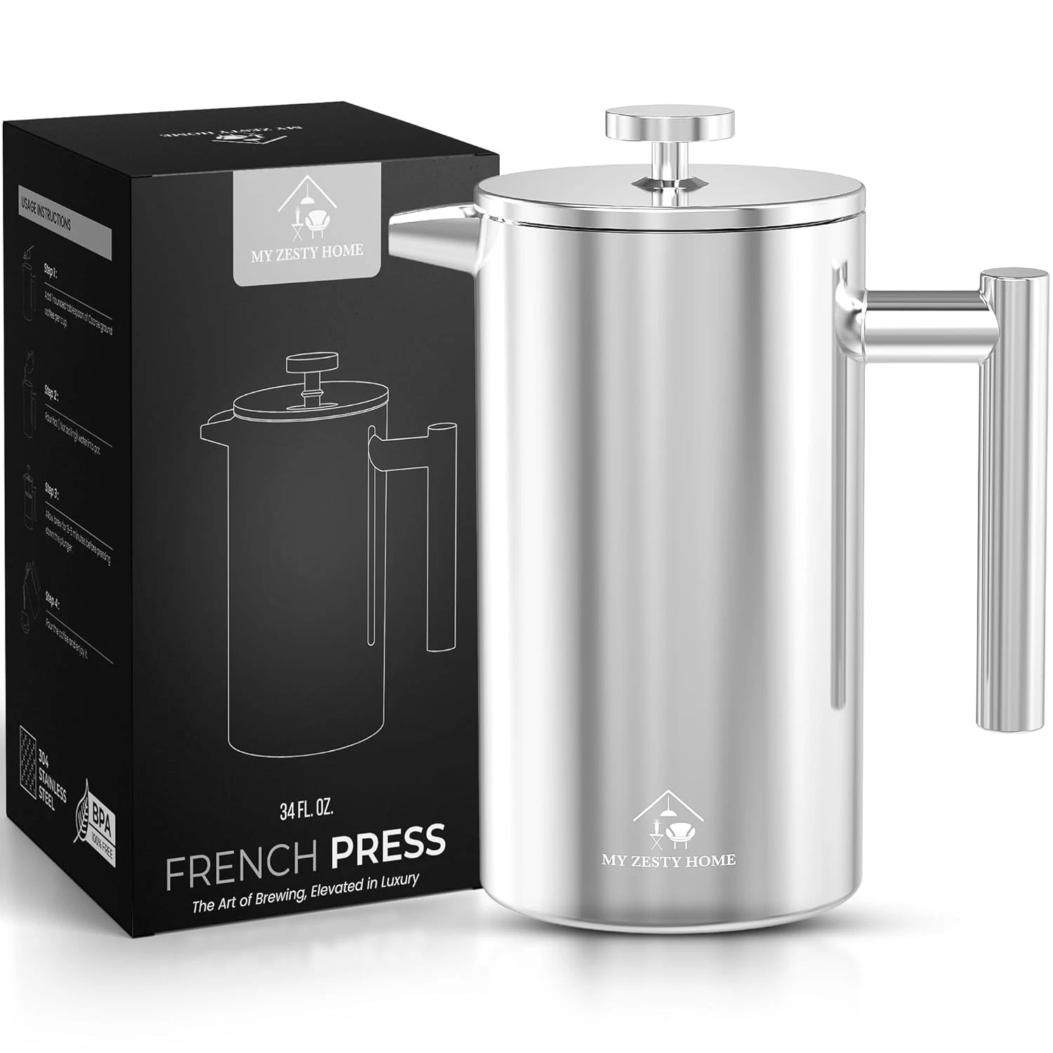 304 Stainless Steel French Press Coffee Maker 34 Oz Double Walled Insulated